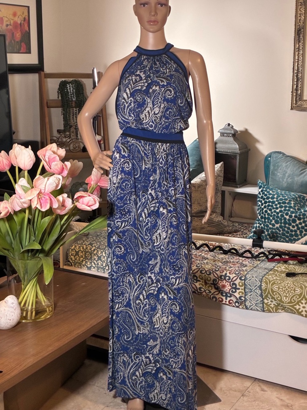 Michael Kors Blue Paisley Halter Maxi Dress